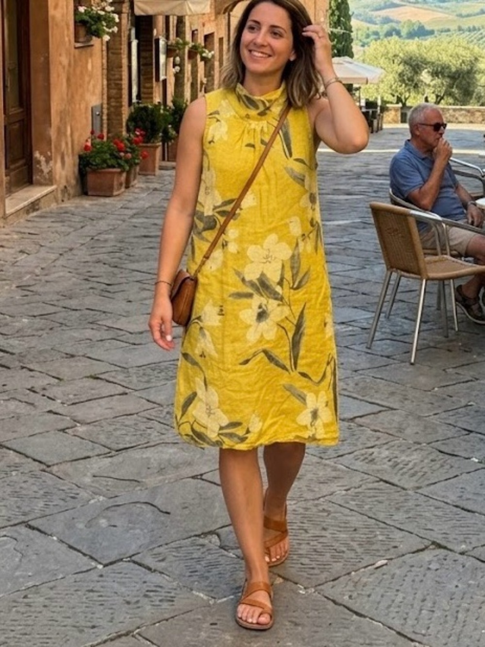 Lungo L’Arno Italian 100% Linen Floral Print Tunic Dress Sleeveless Boho Chic